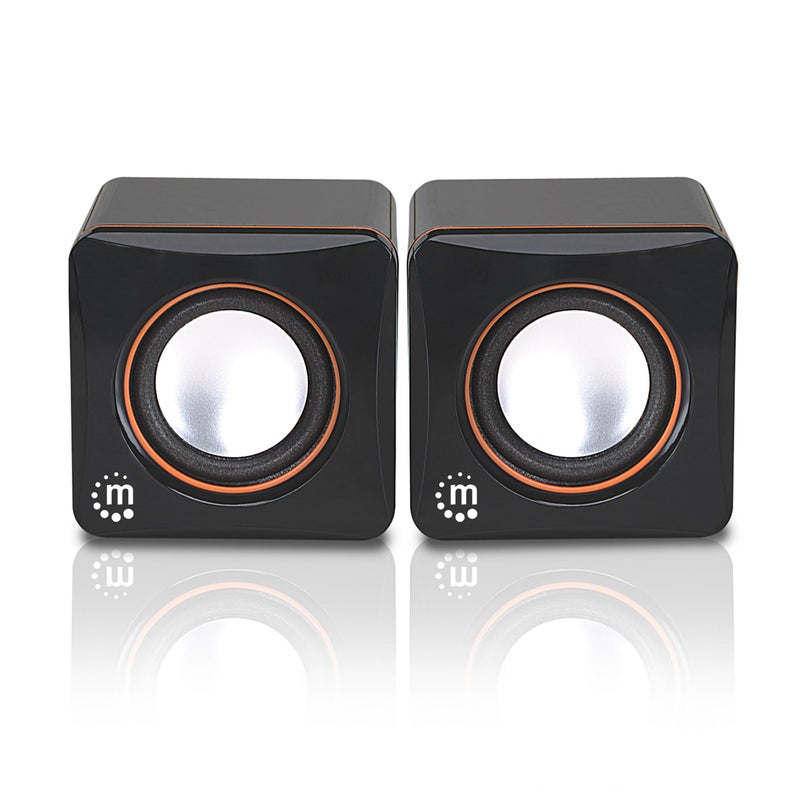 Manhattan USB Powered Stereo Speaker System - Small Size - with Volume Control & 3.5 mm Aux Audio Plug to Connect to Laptop, Notebook, Desktop, Computer - 3 Yr Mfg Warranty - Black Orange, 161435 - Image 1